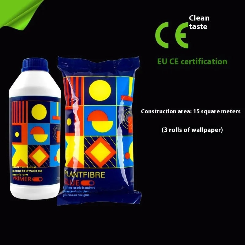 Bottle of Glutinous Rice Glue E, a formaldehyde-free wallpaper adhesive.