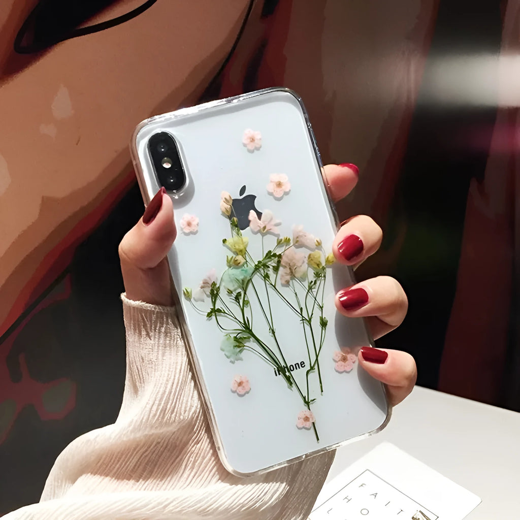 Handmade clear TPU iPhone case with real dried flowers preserved in epoxy resin
