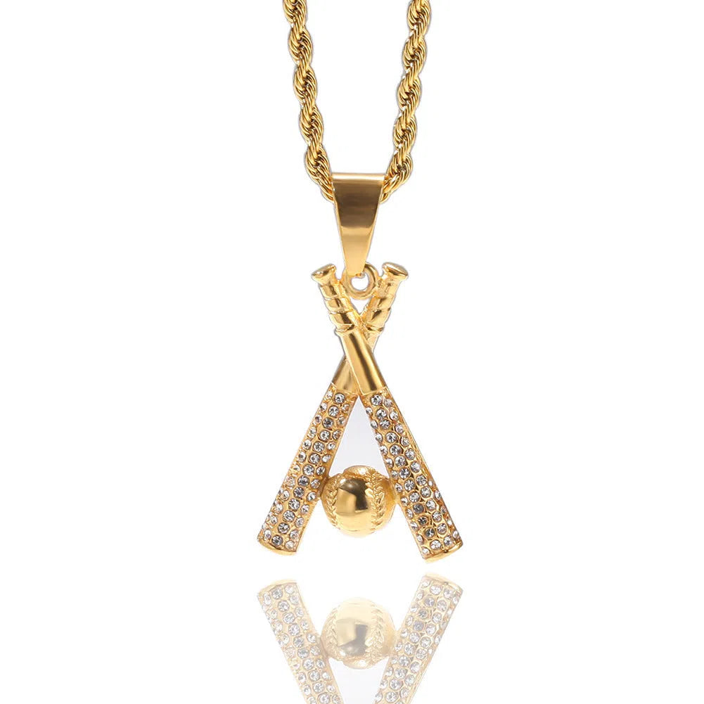 Gold alloy baseball bat pendant necklace for men with diamond processing finish and baseball design