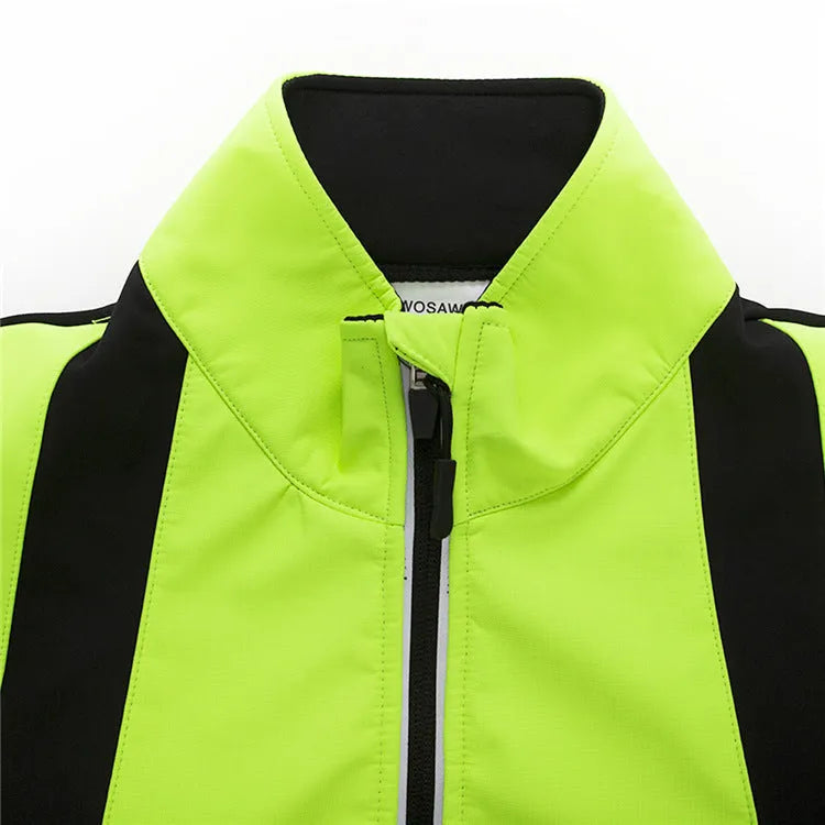 Unisex soft shell thermal fleece cycling jacket in black with green, side view