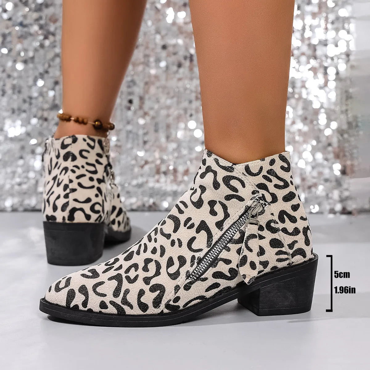 Ladies chunky heel ankle boots large size pointed toe leopard print block heel cotton upper side zipper