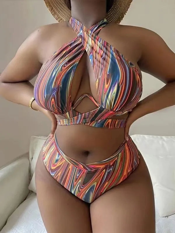 Women's floral high waist bikini swimsuit in plus sizes for swimming activities