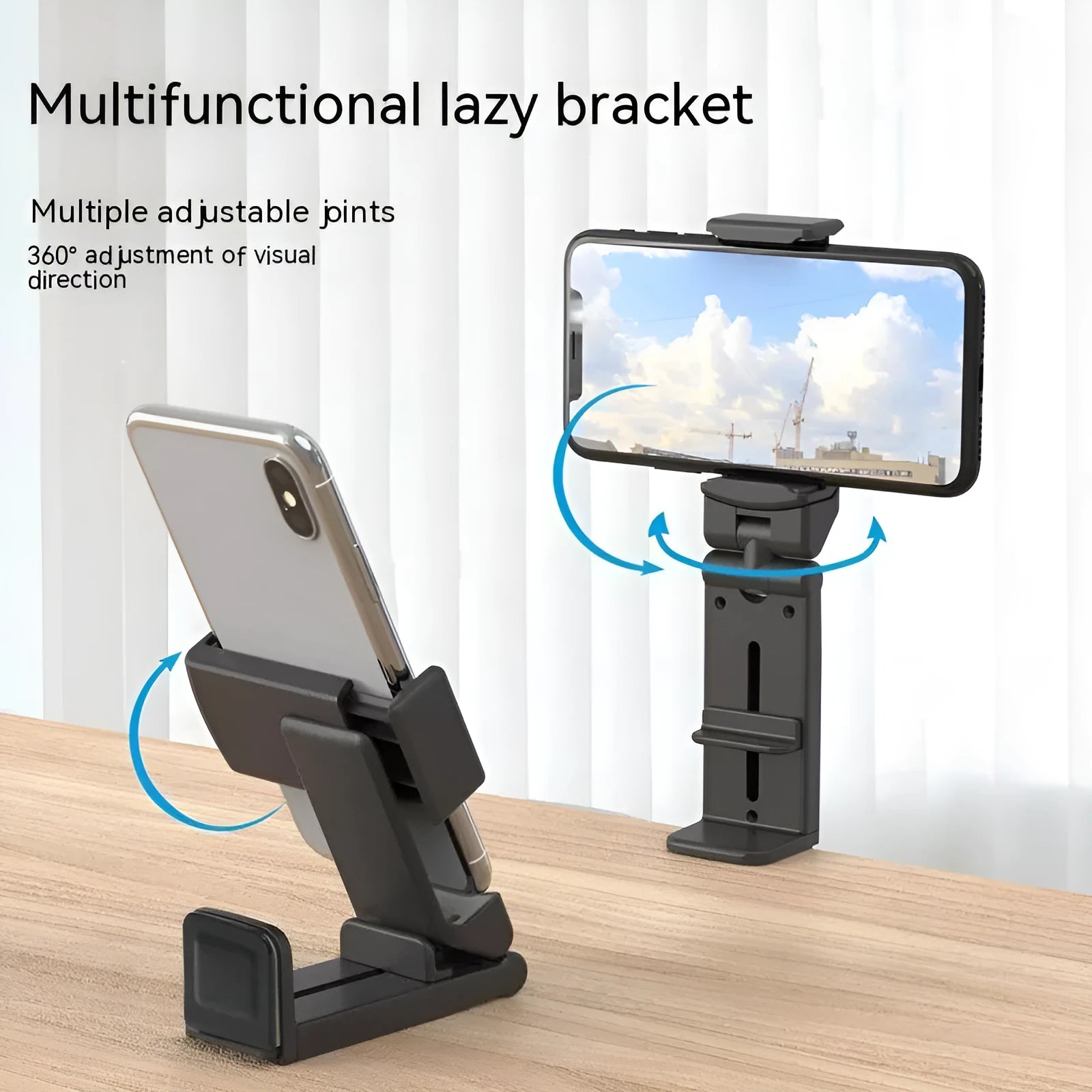 H22 Black collapsible mobile phone holder with 360-degree rotation on desktop