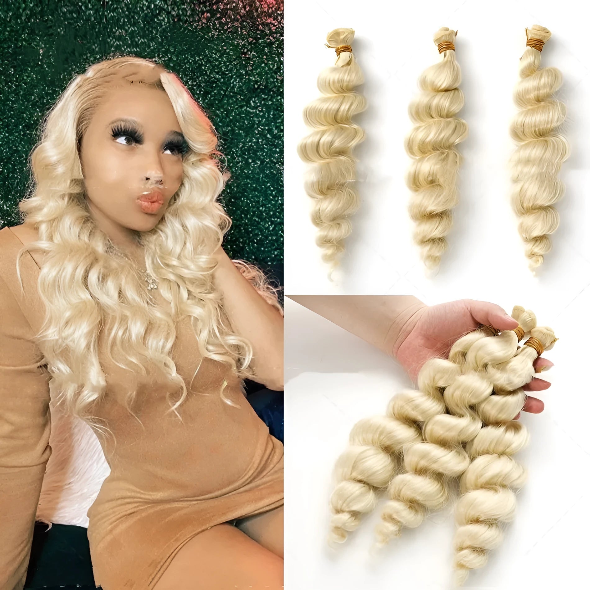 Golden blonde synthetic women's wig shown in 18, 20, and 22 inch length options