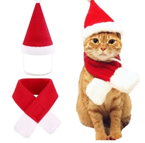 Red Christmas pet hat and scarf set in short plush, one size, for cats dogs and small pets
