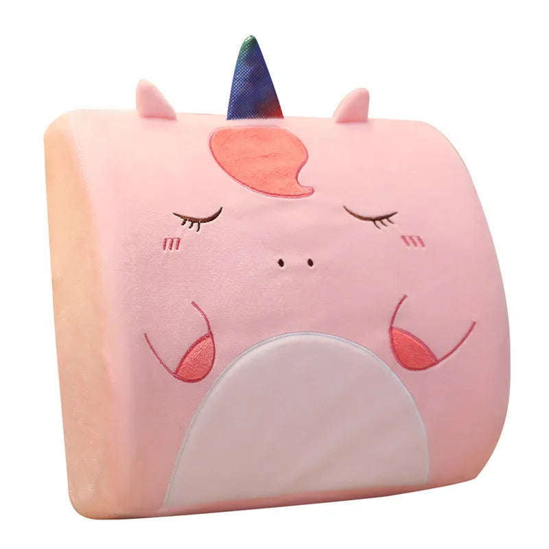 Cartoon memory foam car cushion with removable washable cover in pink unicorn design