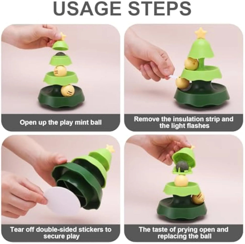 Green tree-shaped cat track toy with two levels and moving balls for indoor cats