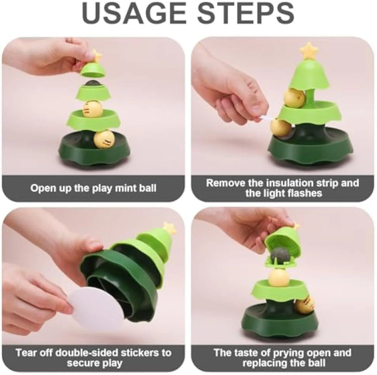 Green tree-shaped cat track toy with two levels and moving balls for indoor cats