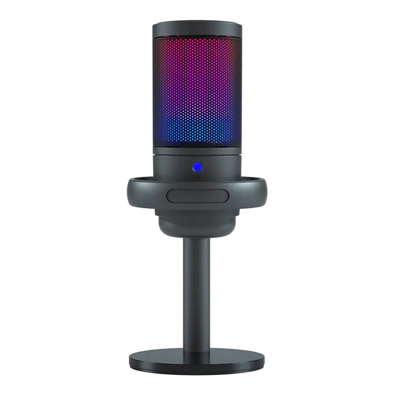 USB condenser microphone with colourful LED light ring, shown with a cantilever mounting arm on a desk.