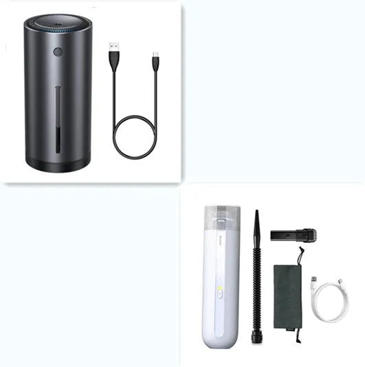 Wireless handheld car vacuum cleaner with blowing hose and HEPA filter.