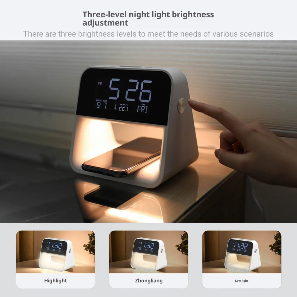 White multifunctional bedside lamp with wireless charger and alarm clock on a nightstand, 15.1x10.6x14.5cm