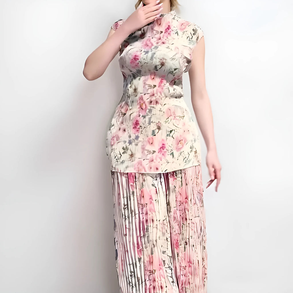 Printed chiffon dress with high waist and long sleeves in picture colour