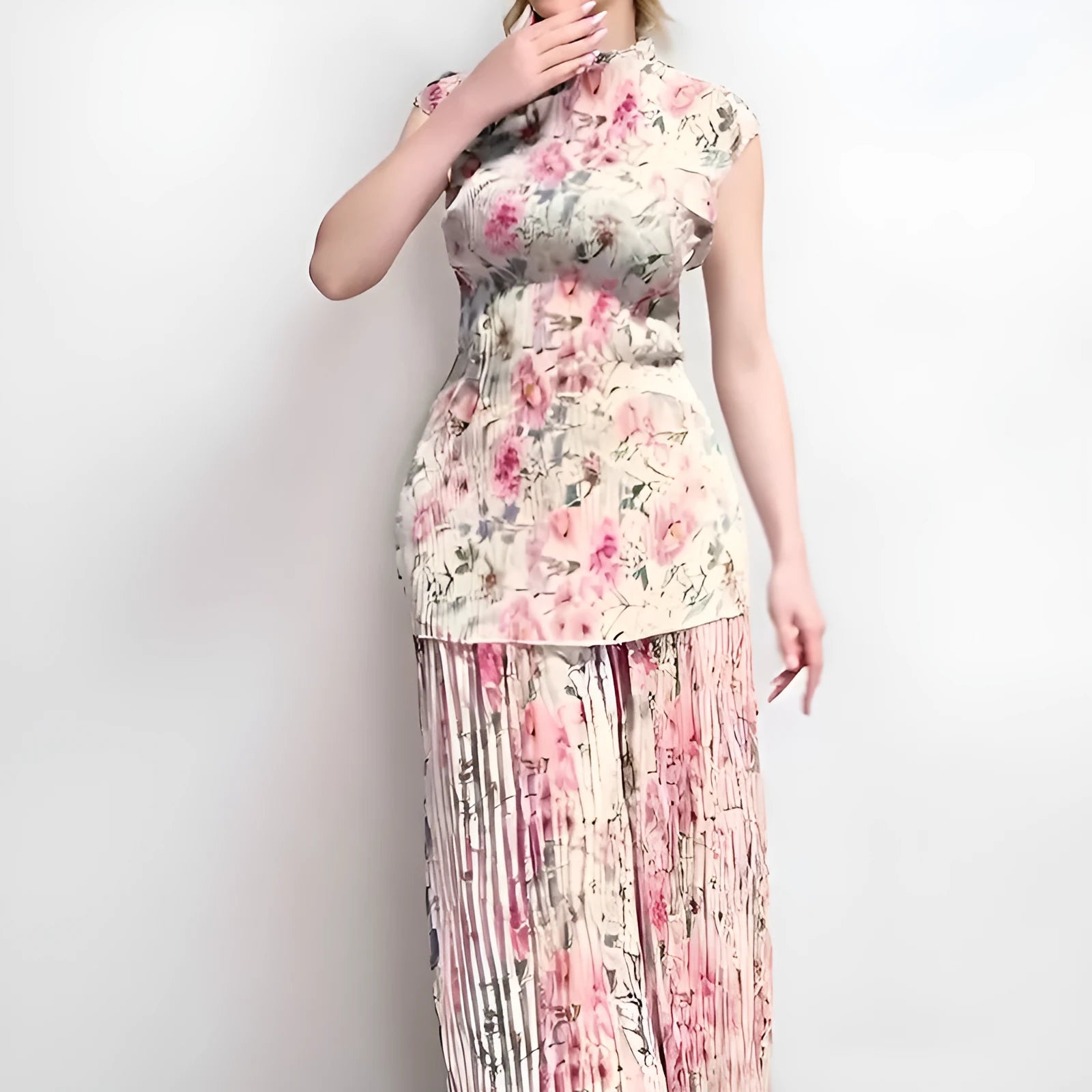 Printed chiffon dress with high waist and long sleeves in picture colour