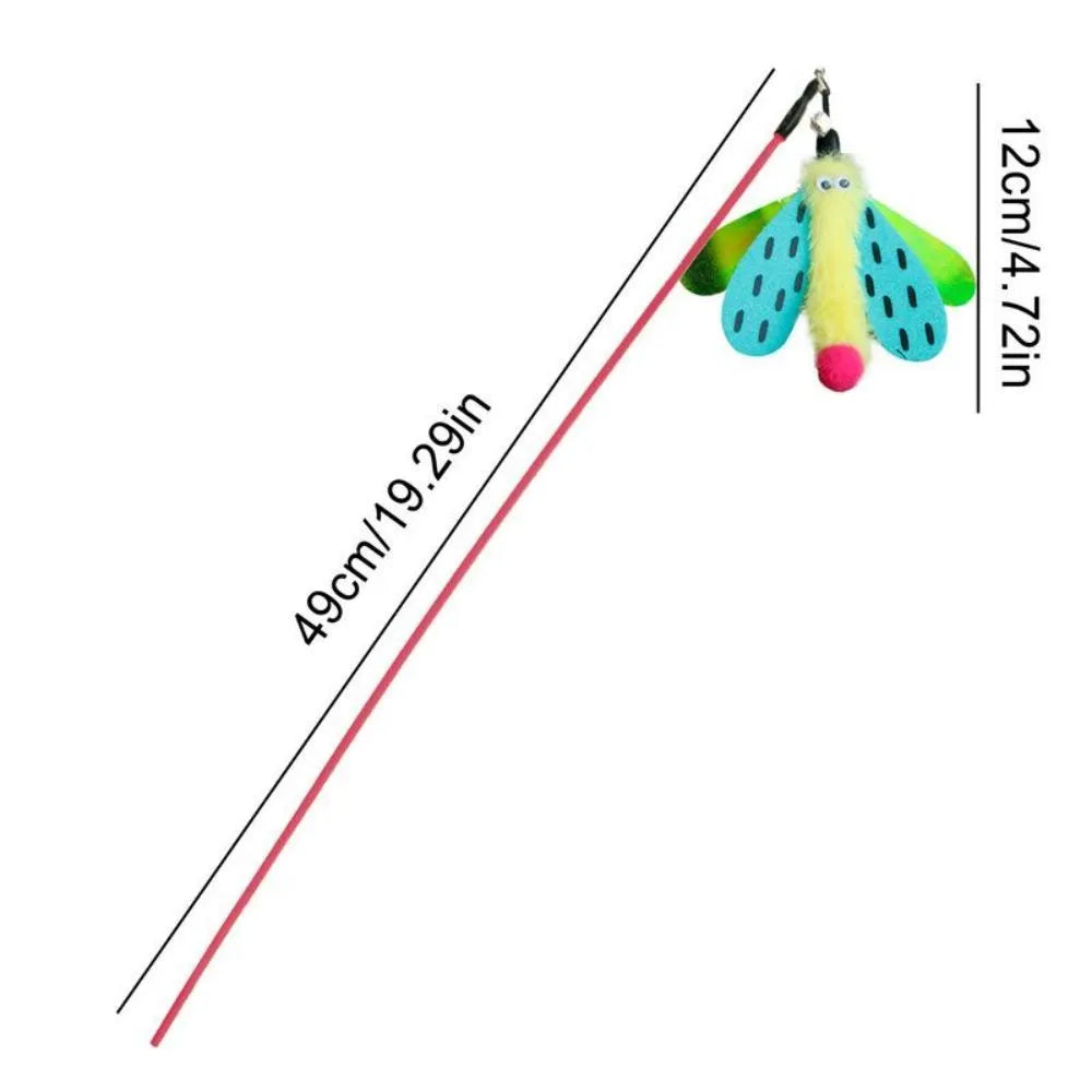 Blue cat wand toy with dragonfly attachment and bell on 49cm stick