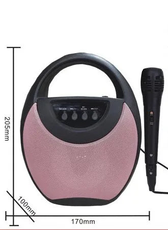 Portable Bluetooth speaker in black, blue, or pink with USB port and SD card slot
