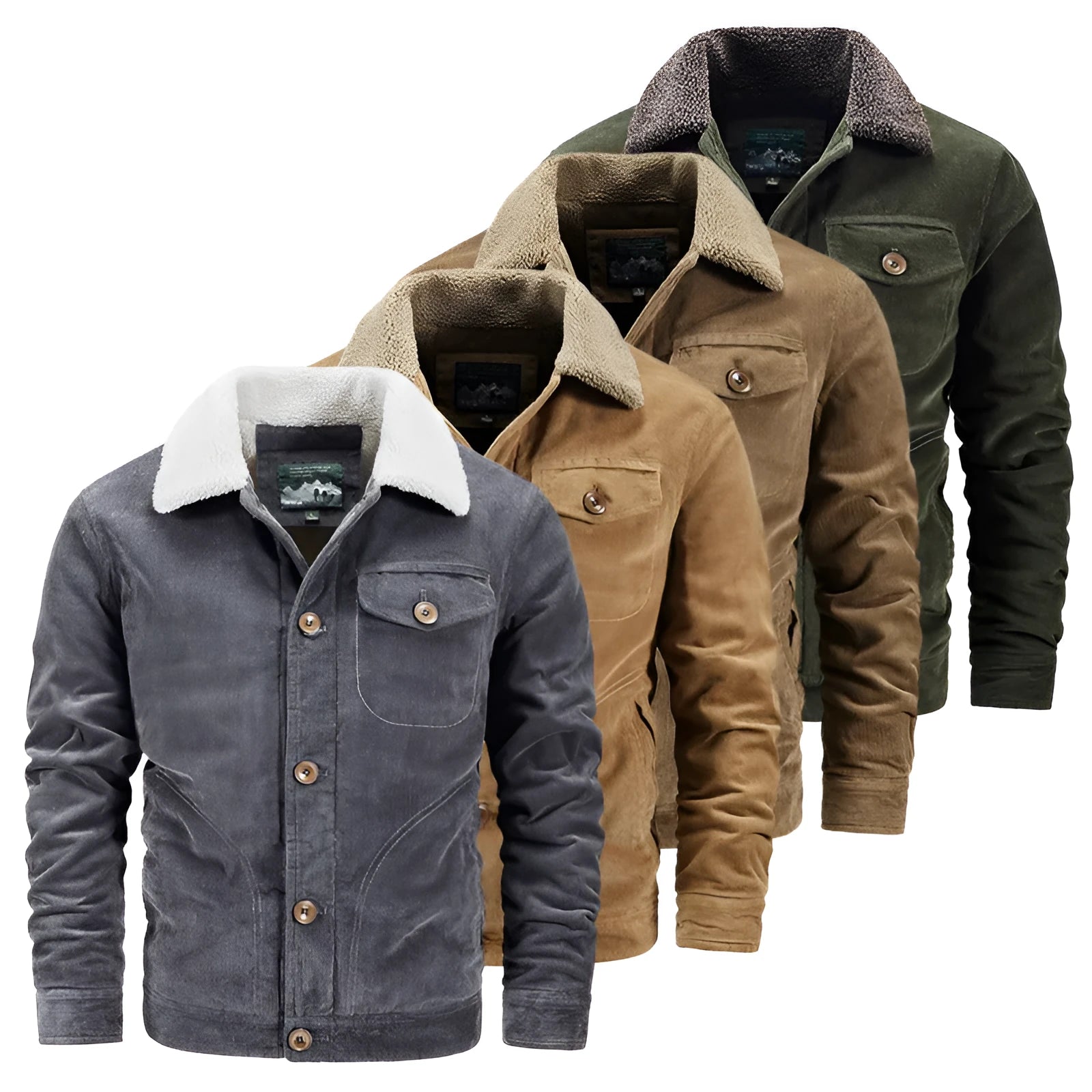 Men's corduroy cardigan coat loose fit single breasted front velvet lining army green