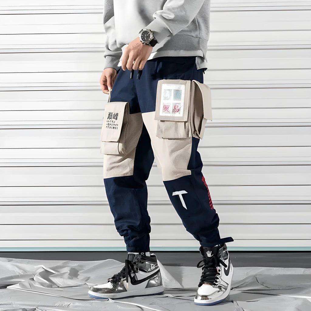 Harlan beam pants in green, grey, and navy blue with elasticated waist, sizes M to 5XL