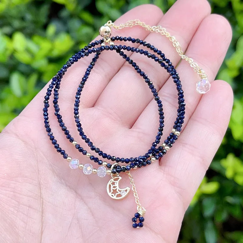 Women's blue gold sand stone three-ring multi-layer bracelet with manual craft details