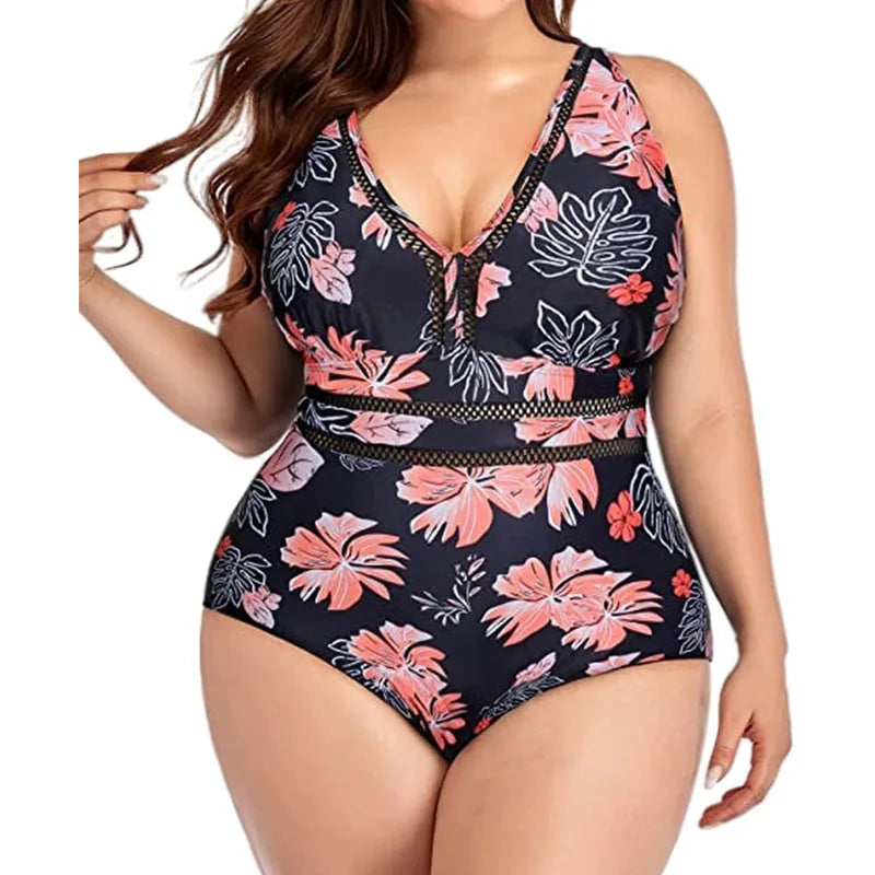 Black plus size women's bikini swimsuit with mesh stitching and print design in sizes S to 5XL
