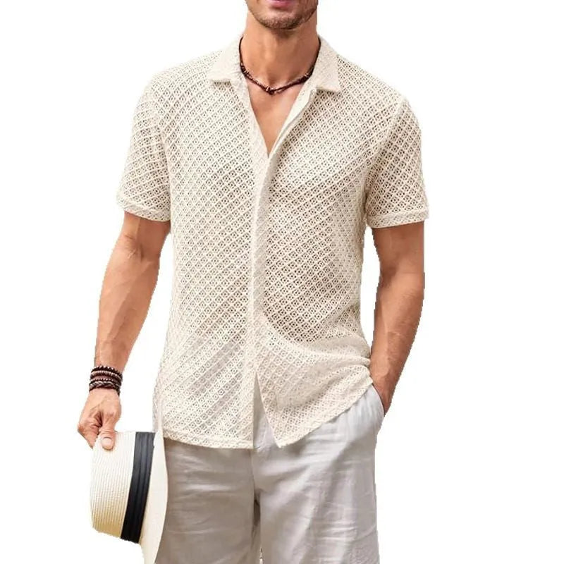 Men's short sleeve lapel shirt in cotton blend mesh fabric for summer casual wear