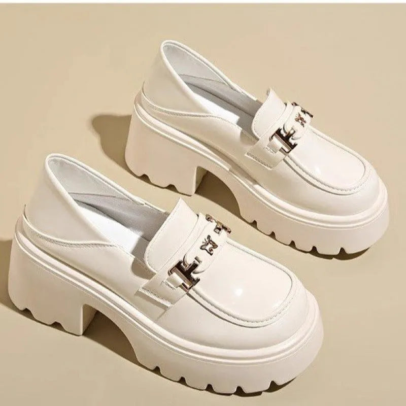 Slip-on chunky heel black leather shoes with skull pattern and square heel on a white background