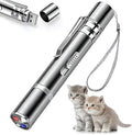 Silver aluminium cat laser pointer toy with metal clip showing multiple light pattern options