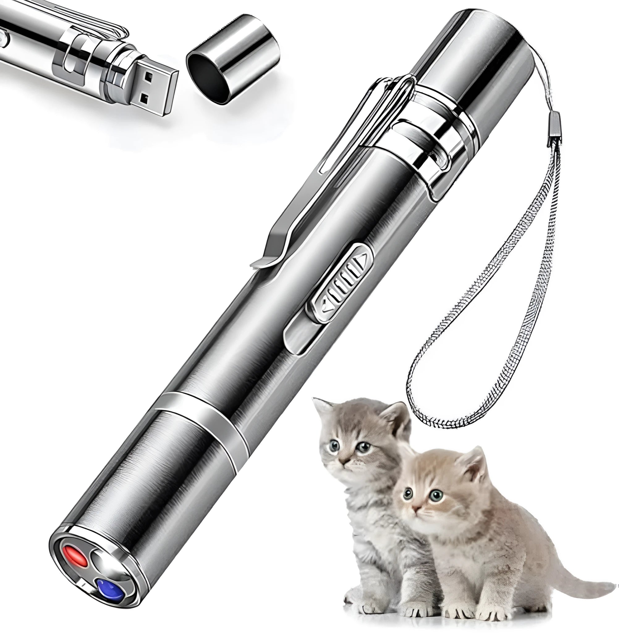 Silver aluminium cat laser pointer toy with metal clip showing multiple light pattern options