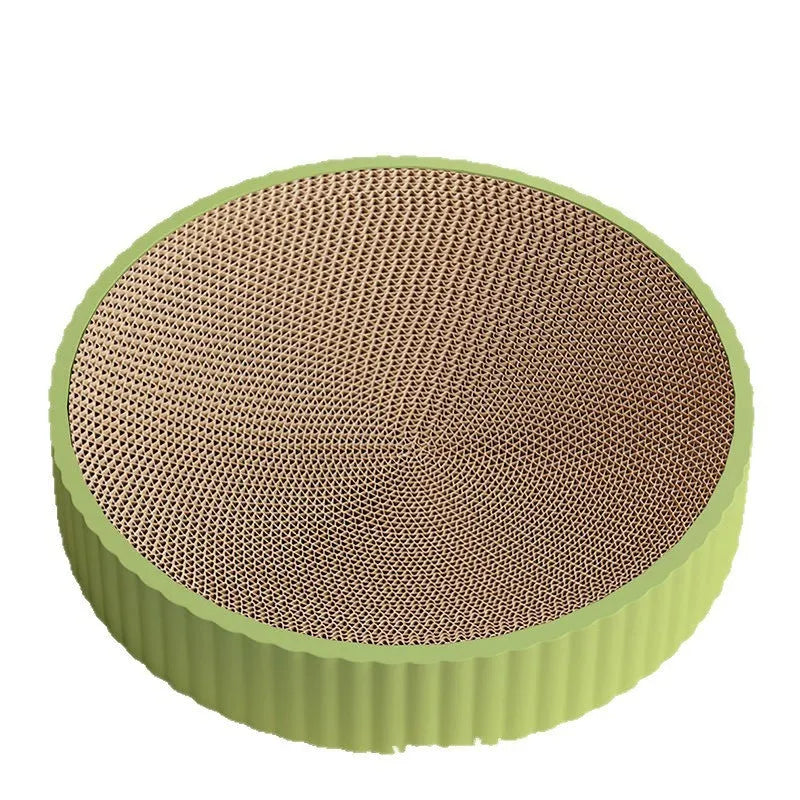 Round 55cm cat scratching board in green or white with corrugated paper surface and replacement packs