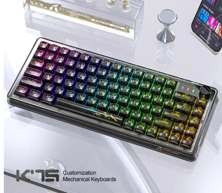 Attack Shark K75RGB white transparent wireless mechanical keyboard with RGB lighting on a desk
