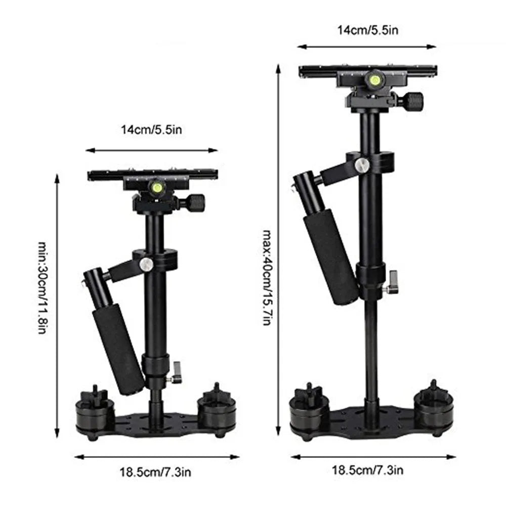 Black aluminium handheld camera stabilizer S40 S60 shown with adjustable height and comfortable grip.