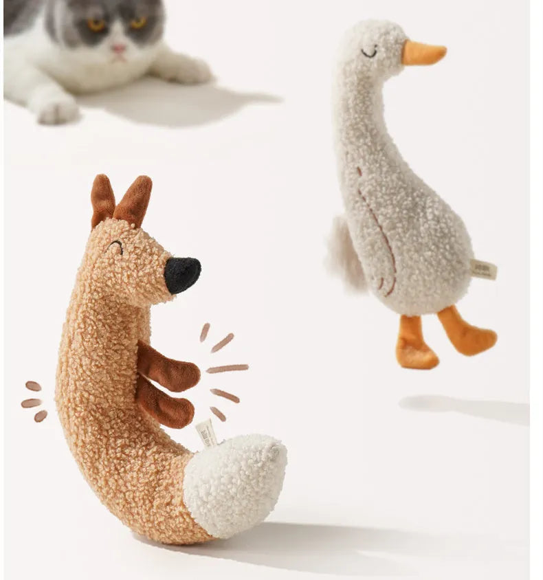 Cartoon plush dog chew toy in Fox or Duckling design with squeaker inside