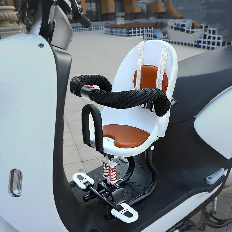 Front seat for children attached to a baby battery scooter, shown in black, red, and white colour options.