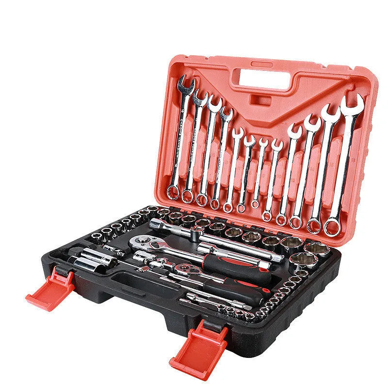 61-piece chrome vanadium steel auto repair tool set with sockets, wrenches, and extension rods in storage case