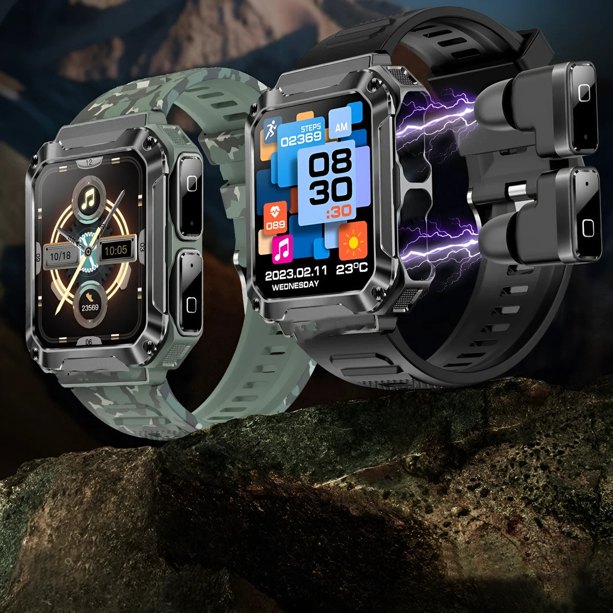2-in-1 Bluetooth call smart watch with silicone band and aluminium alloy case, available in black, silver, green, and yellow.