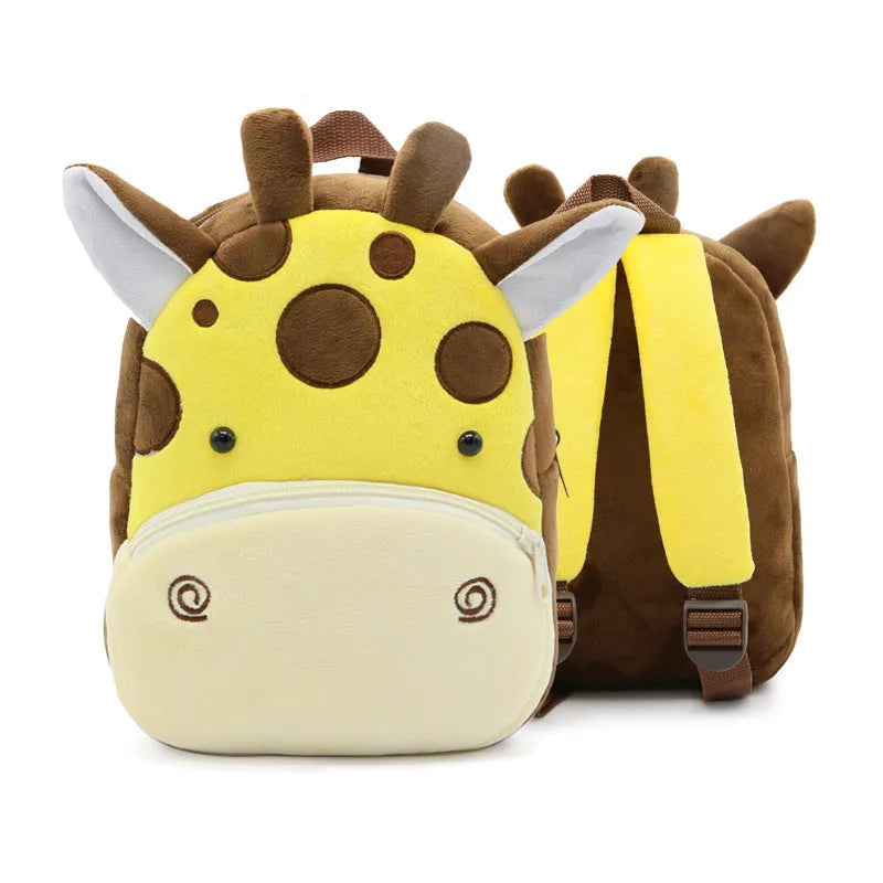 Children's plush animal backpack with elephant design showing dimensions and zipper opening