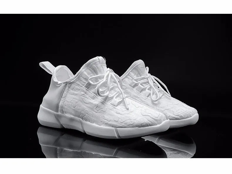 Unisex LED luminous leisure loafers with flying woven upper, EVA sole, shallow mouth, sizes 26-46, white black pink