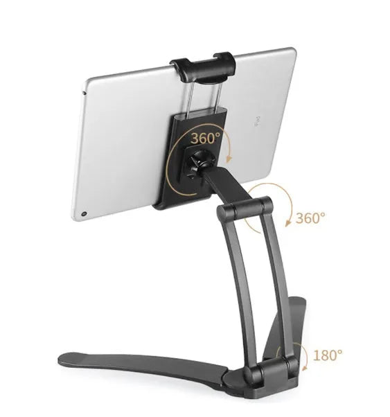 Silver aluminum alloy desktop tablet stand with white mount holding a tablet at an angle