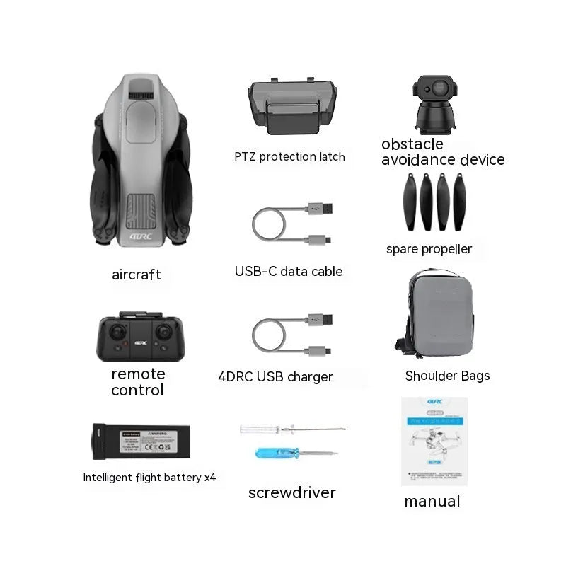 White folding quadcopter drone with camera and obstacle avoidance sensors, shown with remote control and carry bag.