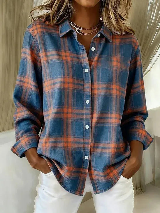 Check print women's long sleeve shirt in solid colour, loose fit polyester top, available in multiple sizes