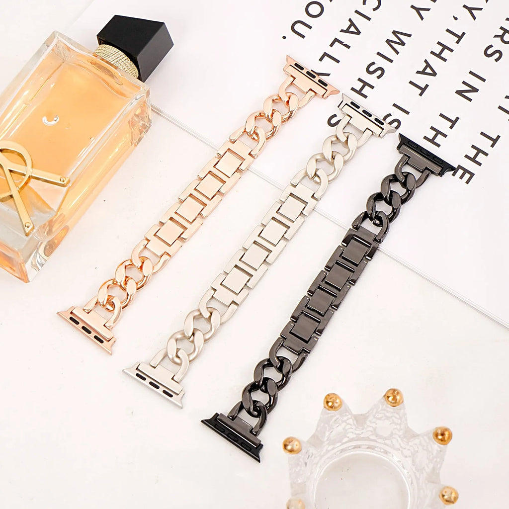 Denim-style metal chain watch strap for Apple Watch in silver, black, gold, rose gold, and starlight colours