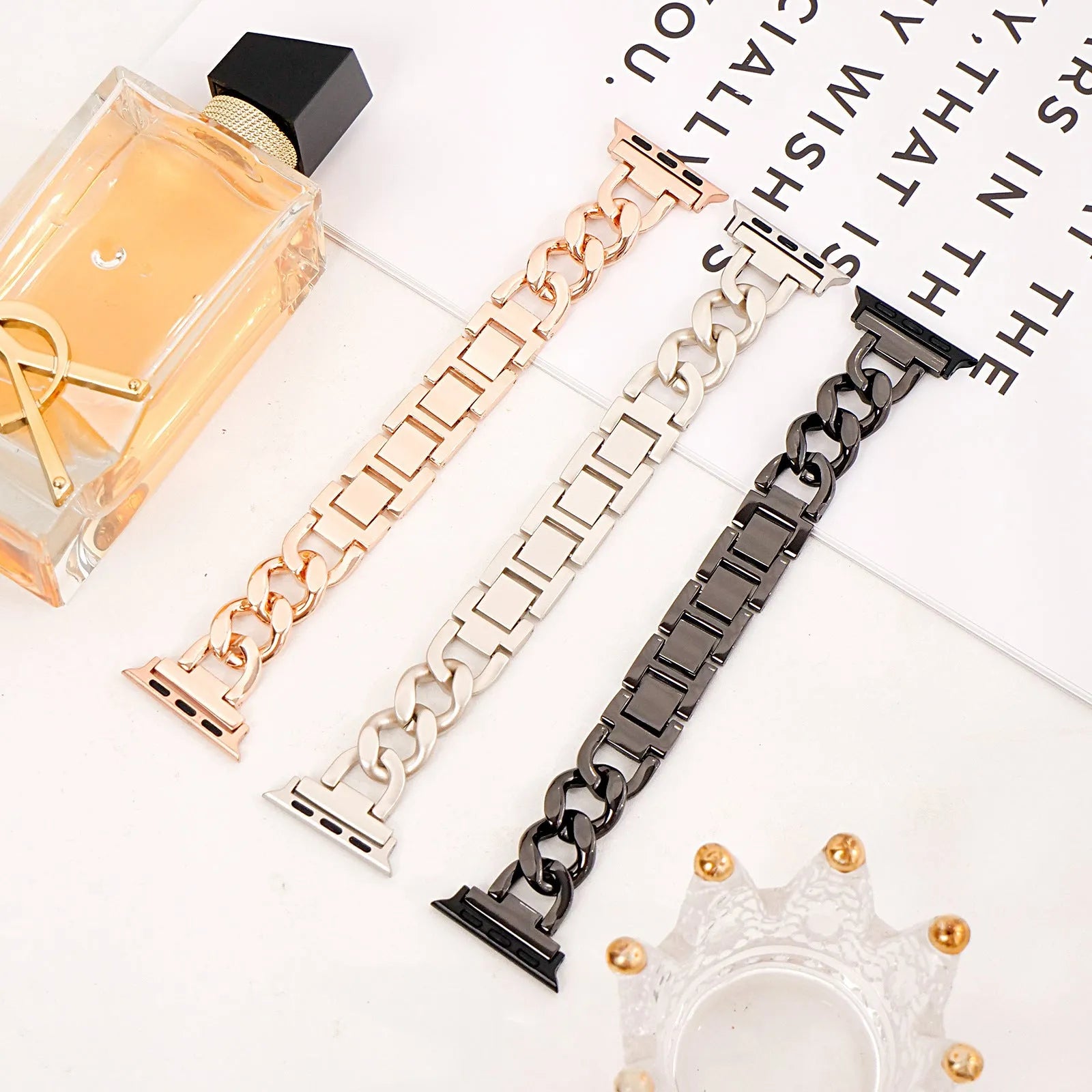 Denim-style metal chain watch strap for Apple Watch in silver, black, gold, rose gold, and starlight colours