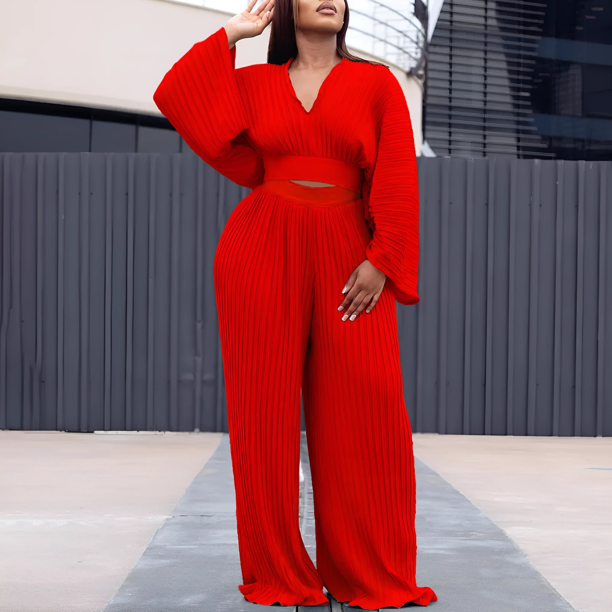 Women's African two-piece suit set with batwing sleeves and wide leg trousers in red or sapphire blue