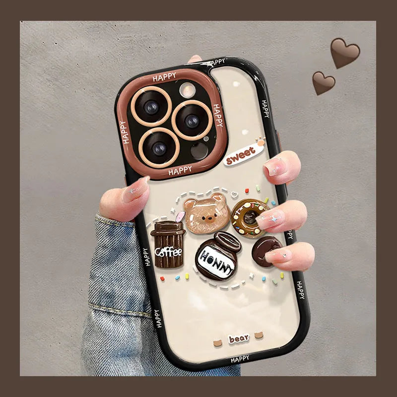 Coffee bear 3D doll pendant drop-resistant silicone phone case for Apple iPhone in cream black