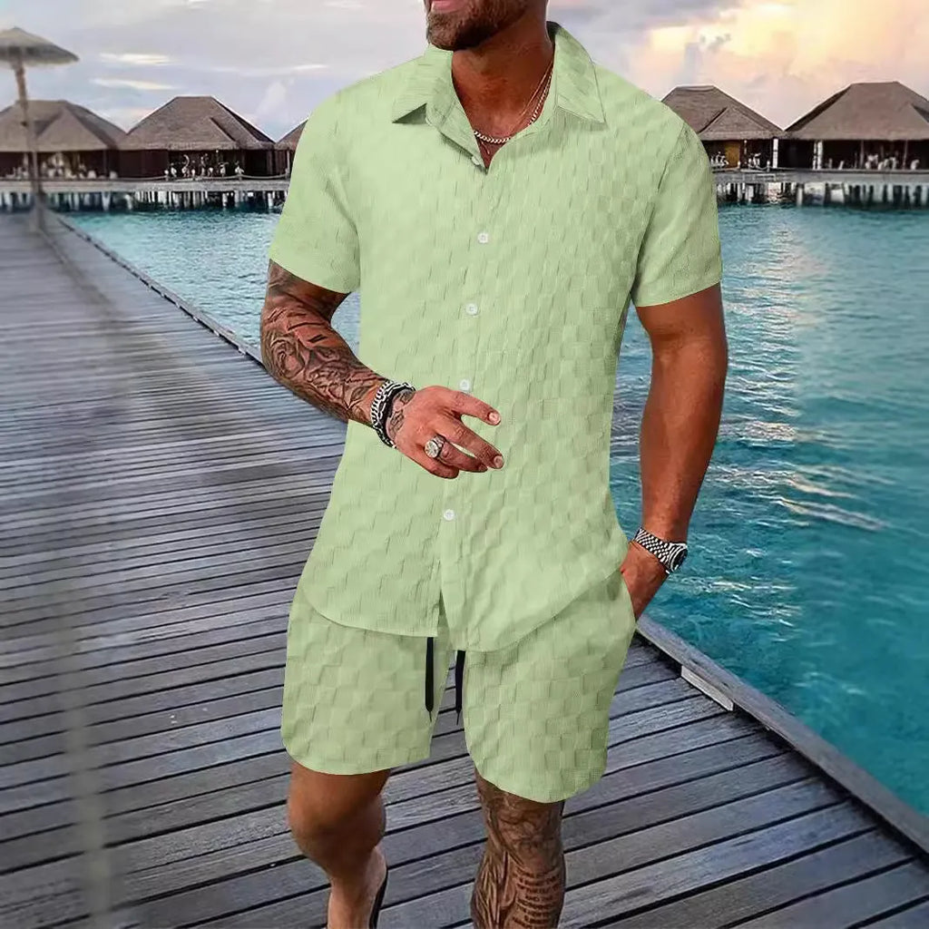 Men's chemical fibre casual suit set with short sleeve shirt and matching shorts in beige colour