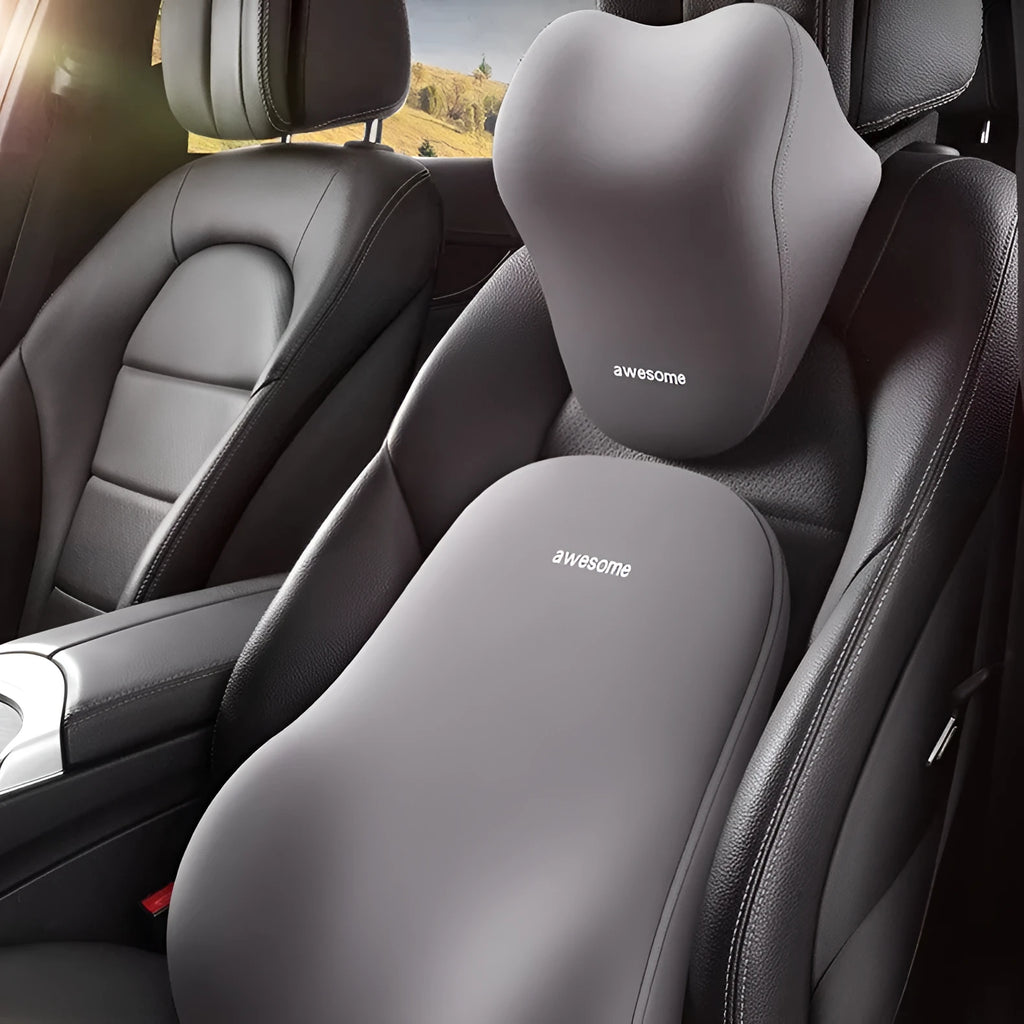 Automotive headrest and lumbar support pillow set with memory foam filler in three colour options