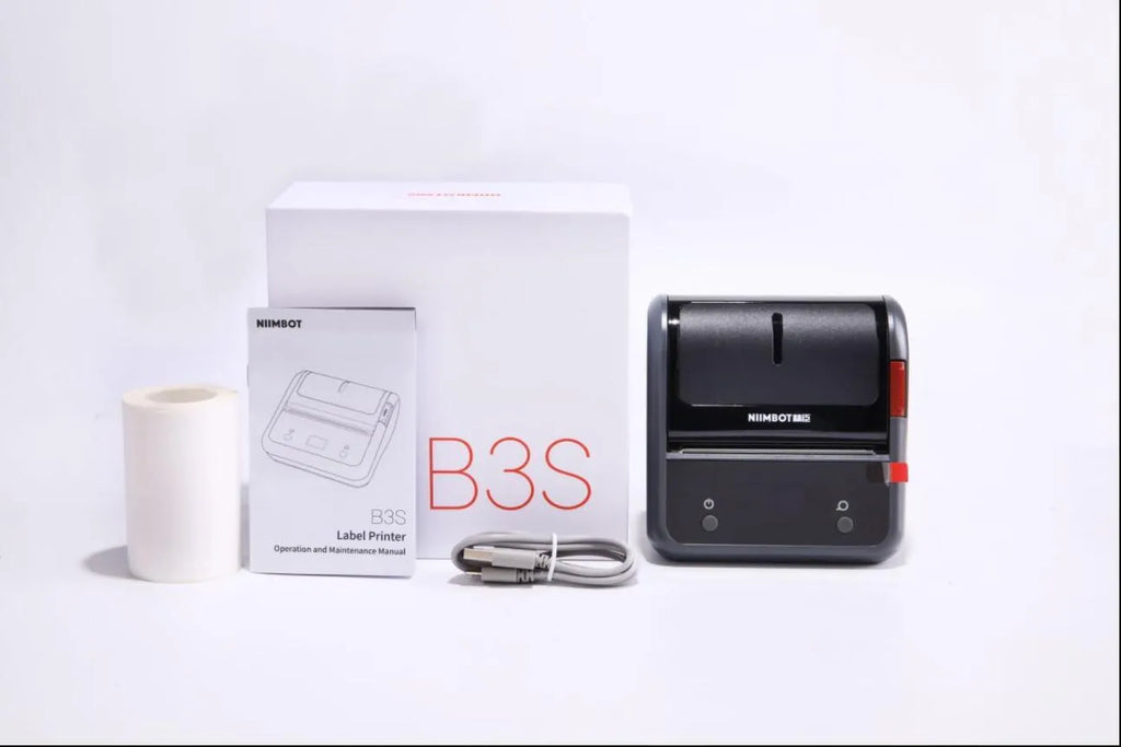 B3S grey commercial smart label printer with 203dpi thermal printing, Bluetooth, 20-75mm label width, 116x110x58mm