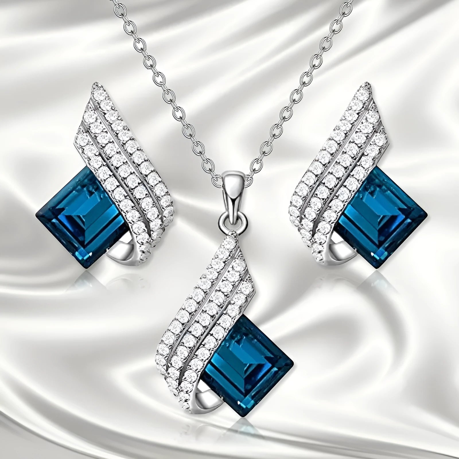 Glass pendant on alloy cross chain necklace with matching electroplated earring studs set