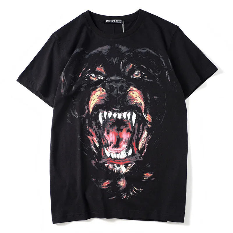 3D printed big evil dog head graphic on black combed cotton short-sleeved T-shirt, front view