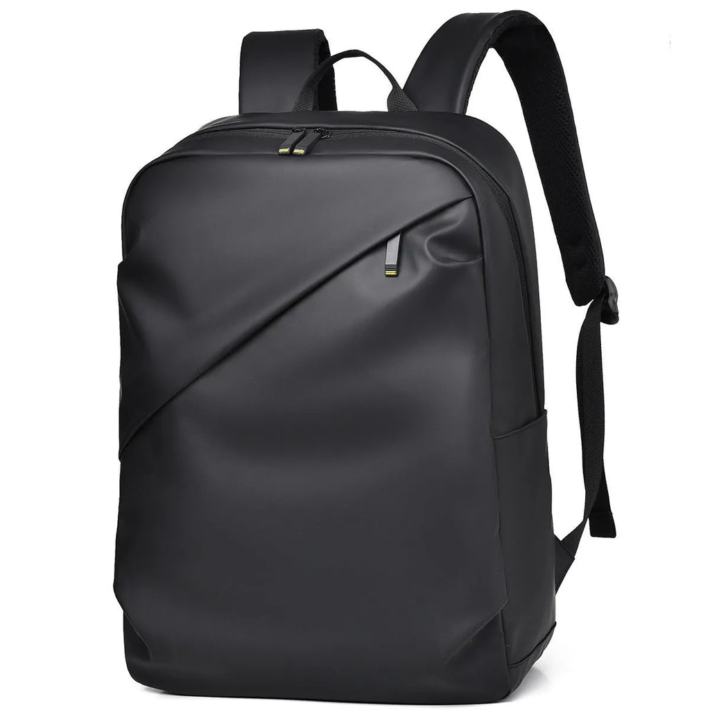 Men's waterproof PU leather backpack in black colour with computer compartment and sewing thread details