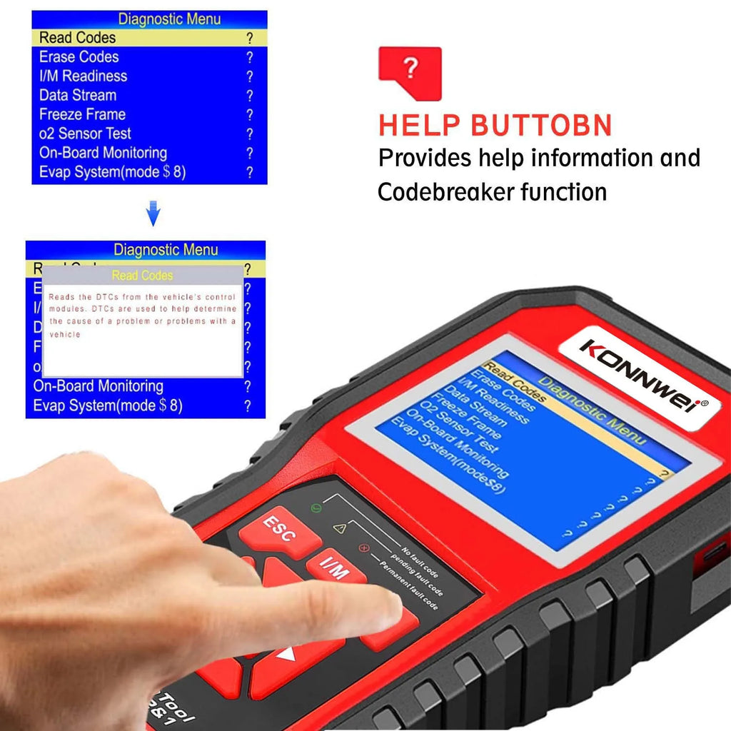 KW850 OBD2 scanner with TFT colour display, One-Click I/M Readiness Key and built-in speaker for car engine fault code reading